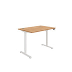 Height adjustable desk with wood-effect top and white frame on a white background