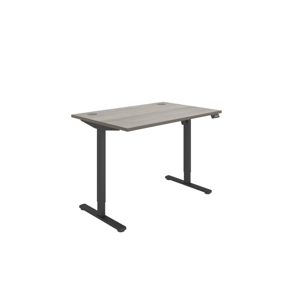 Height adjustable desk with grey wood-effect top and black frame on a white background
