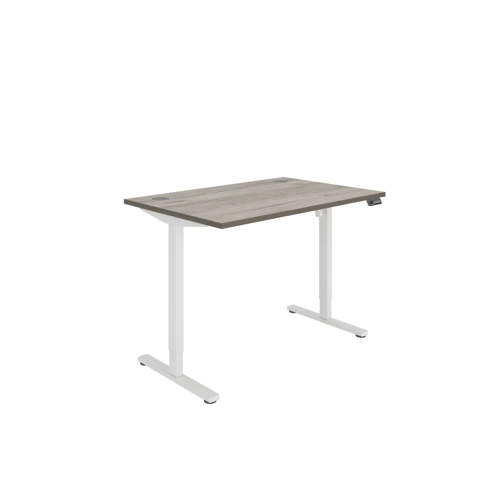Height adjustable desk with grey wood-effect top and white frame on a white background