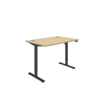 Height adjustable desk with wood-effect top and black frame on a white background