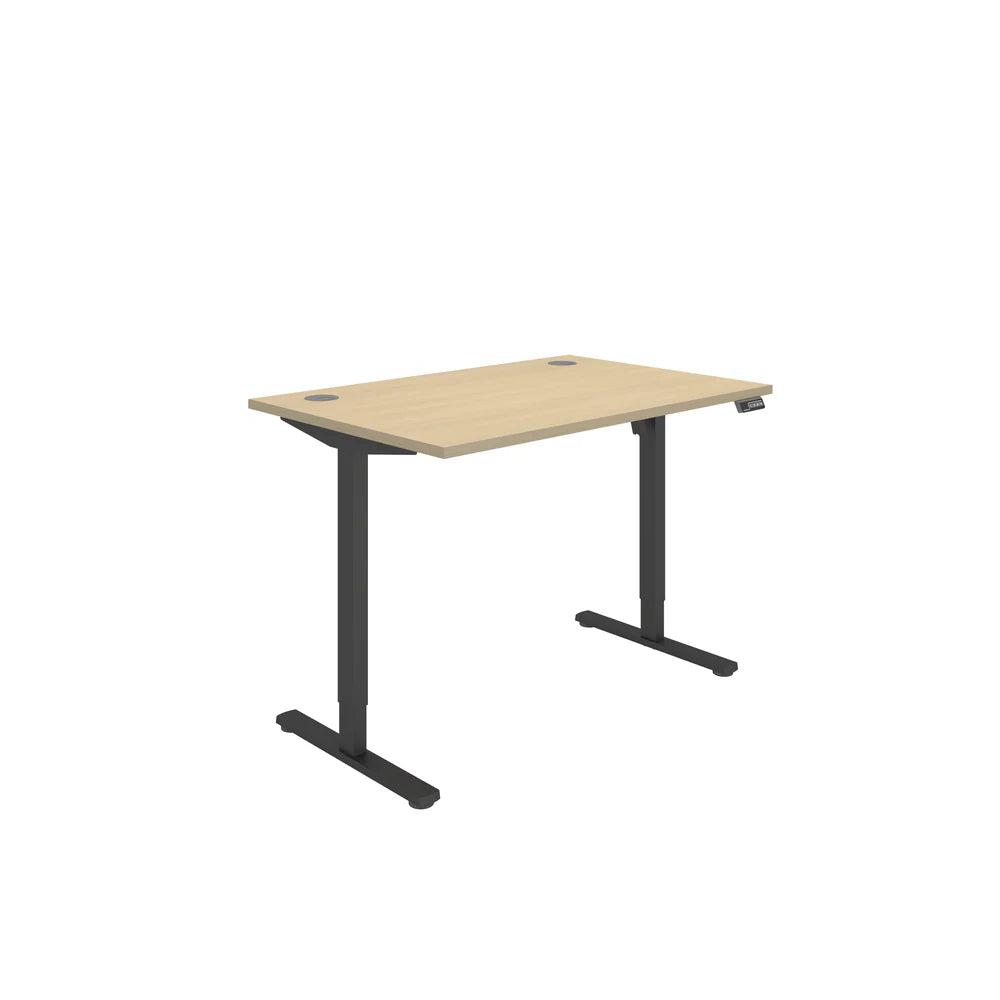 Height adjustable desk with wood-effect top and black frame on a white background