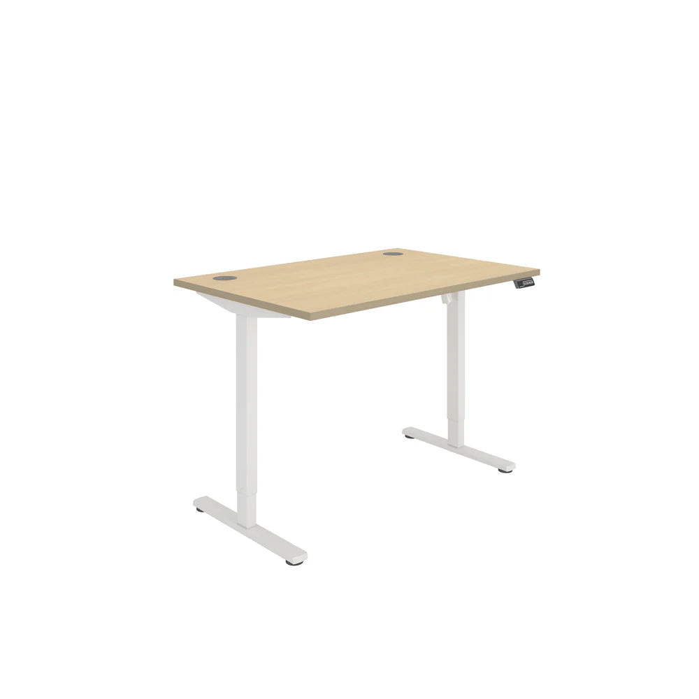 Height adjustable desk with wood-effect top and white frame on a white background