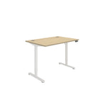 Height adjustable desk with wood-effect top and white frame on a white background