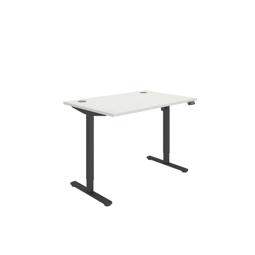 Height adjustable desk with white top and black frame on a white background