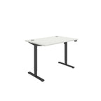 Height adjustable desk with white top and black frame on a white background