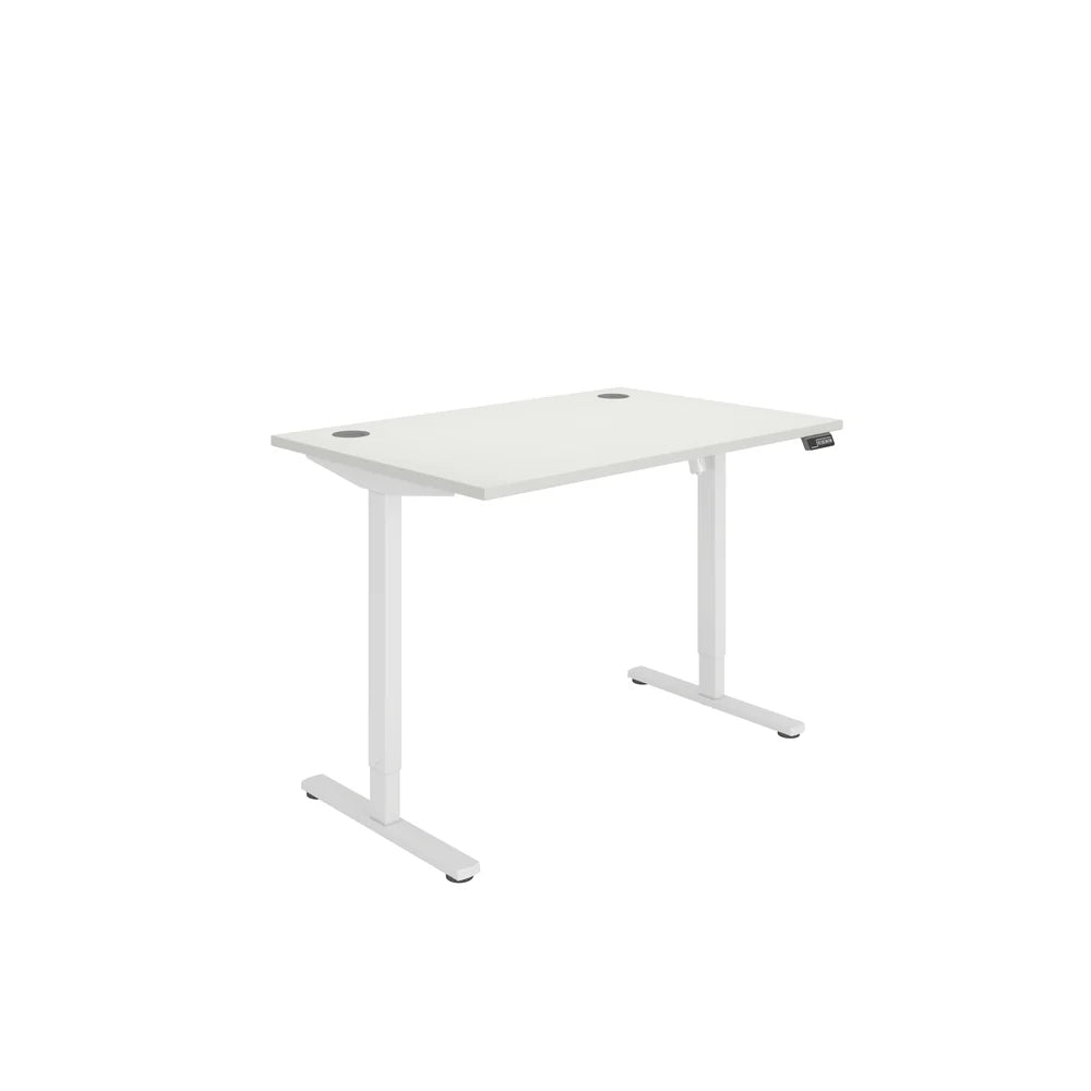 White height adjustable office desk on a white background