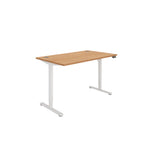 Height adjustable desk with wood-effect top and white frame on a white background