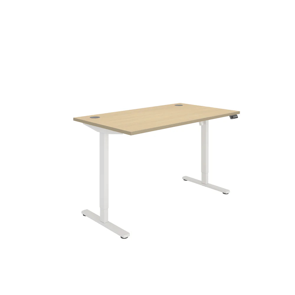 Height adjustable desk with wood-effect top and white frame on a white background