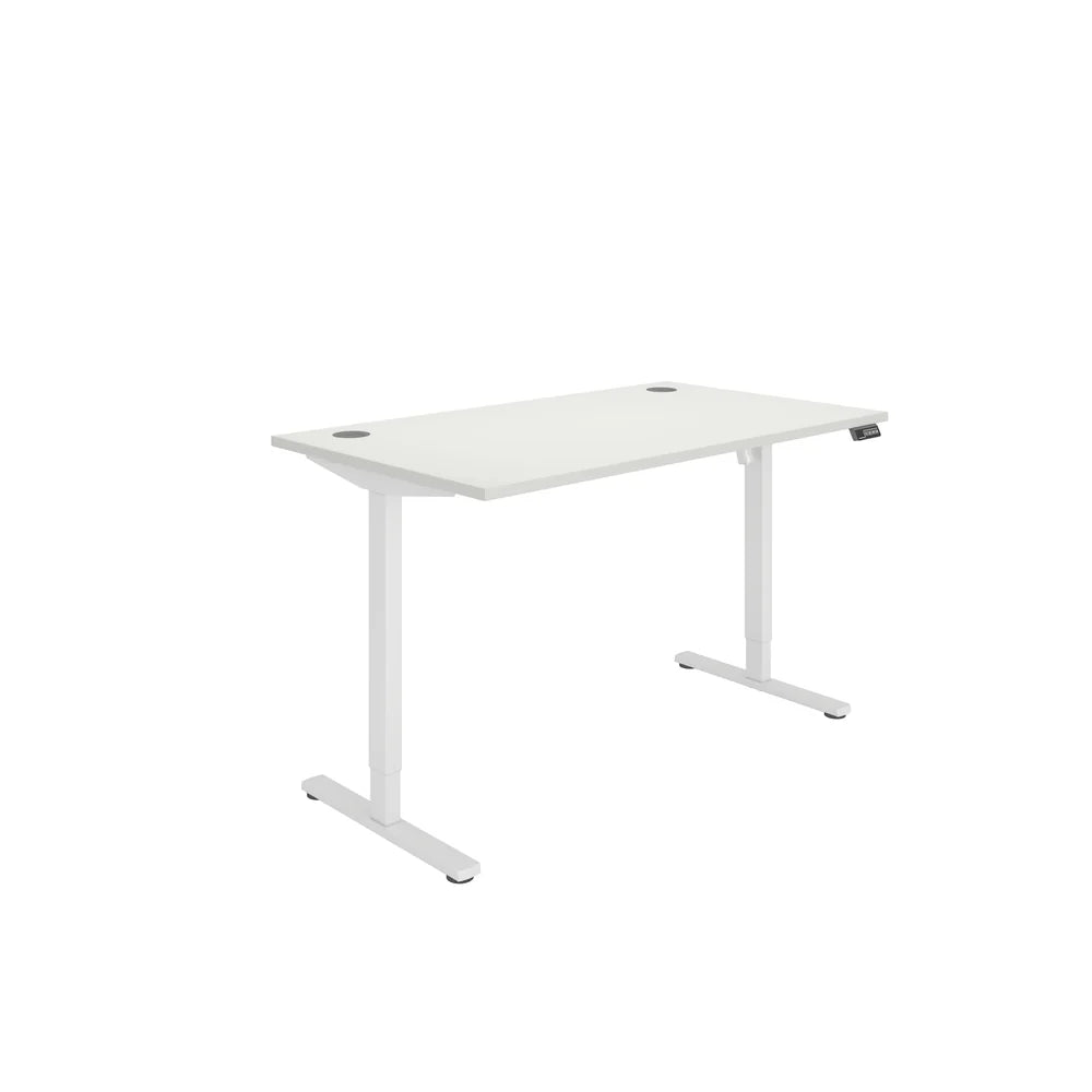 White height adjustable office desk on a white background