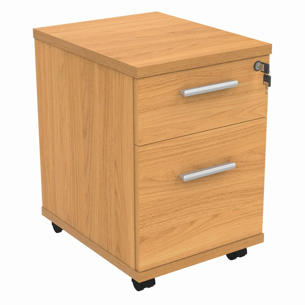 Wooden file cabinet with two drawers on wheels against a white background