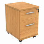 Wooden file cabinet with two drawers on wheels against a white background