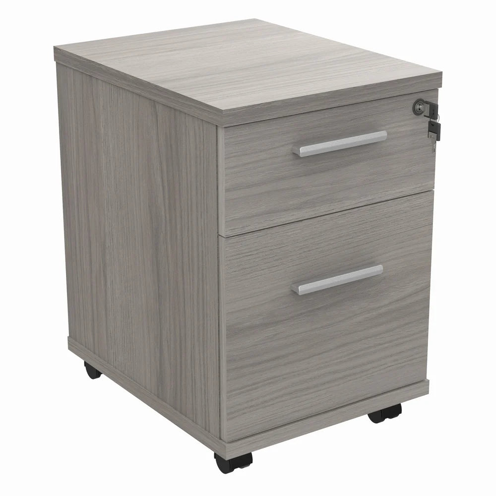 Grey wooden file cabinet with two drawers on wheels against a white background