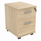 Wooden file cabinet with two drawers on wheels against a white background