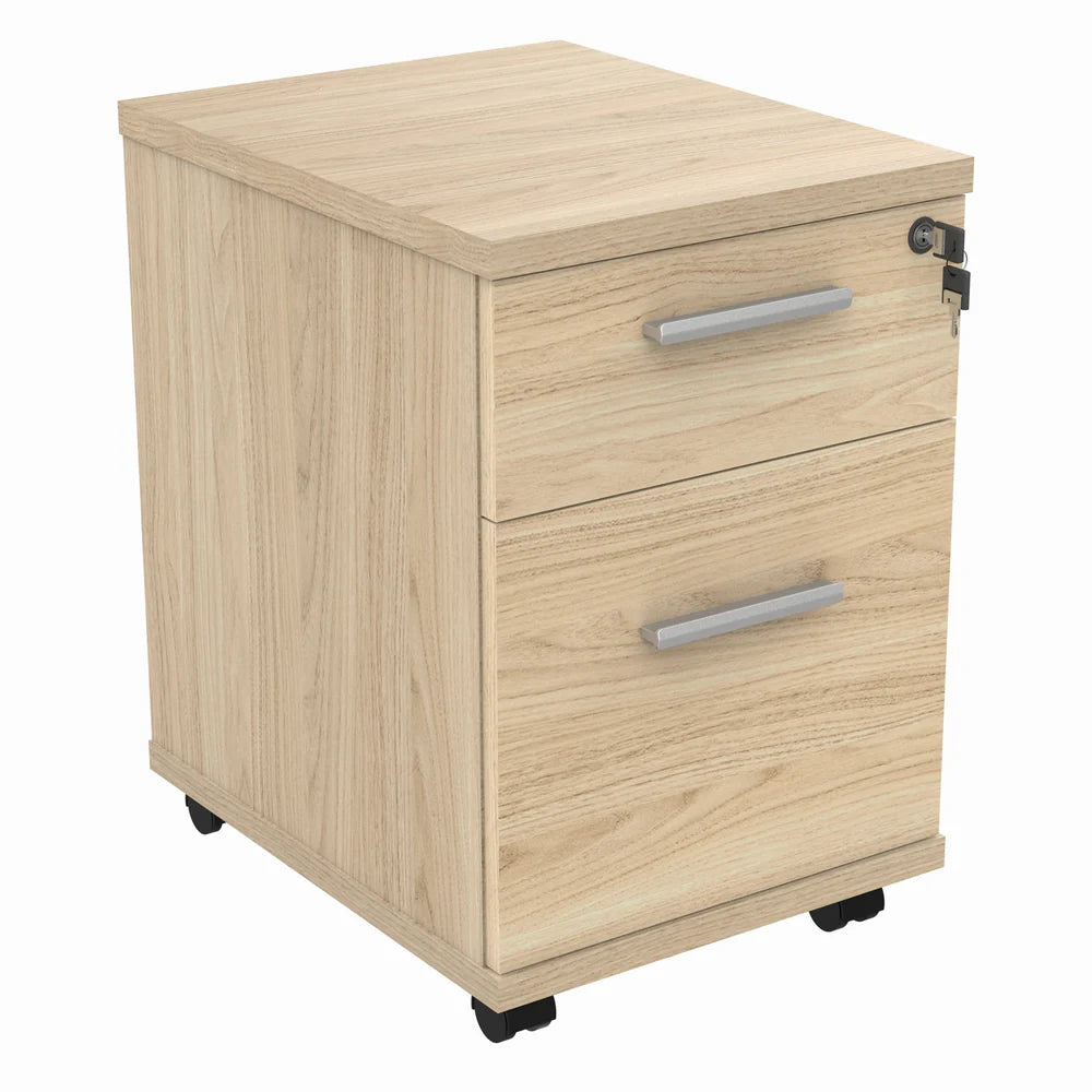 Wooden file cabinet with two drawers on wheels against a white background