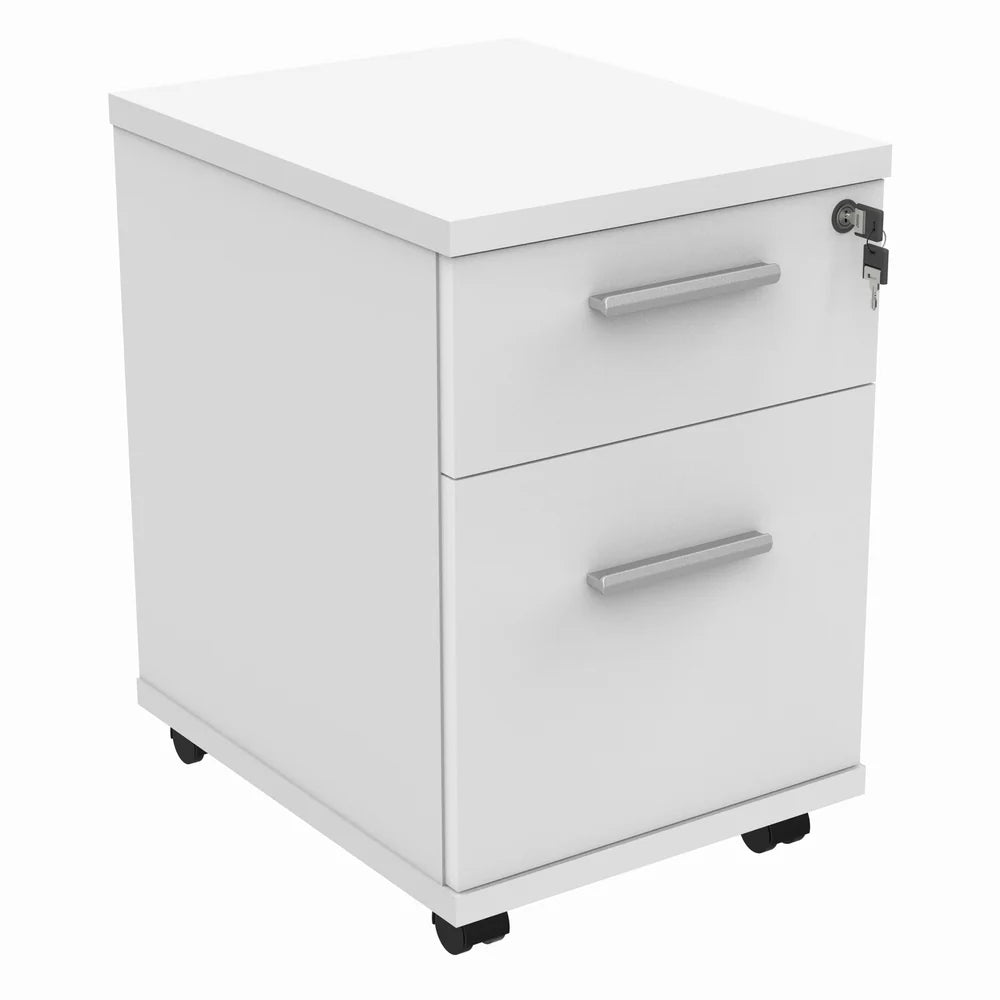 White metal filing cabinet with two drawers on wheels against a white background