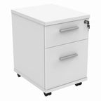 White metal filing cabinet with two drawers on wheels against a white background