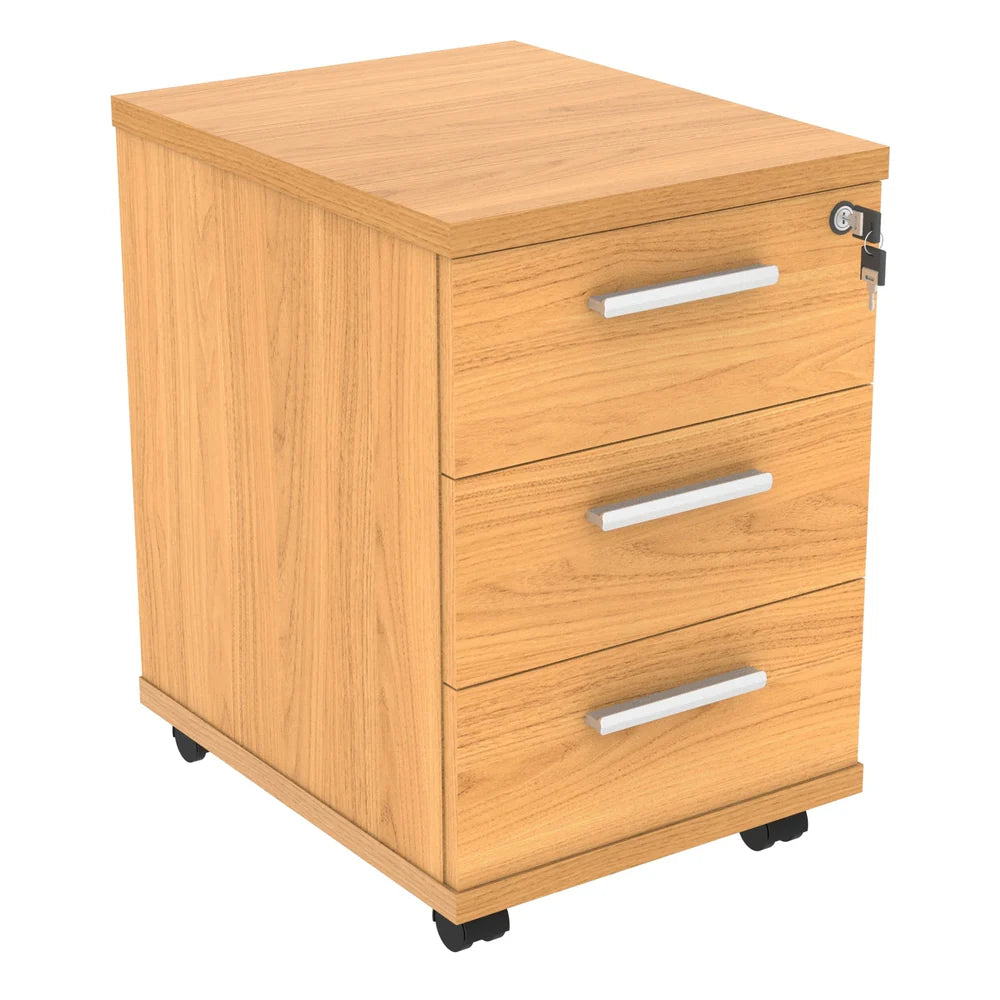 Wooden file cabinet with three drawers on wheels against a white background
