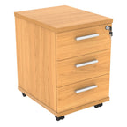 Wooden file cabinet with three drawers on wheels against a white background