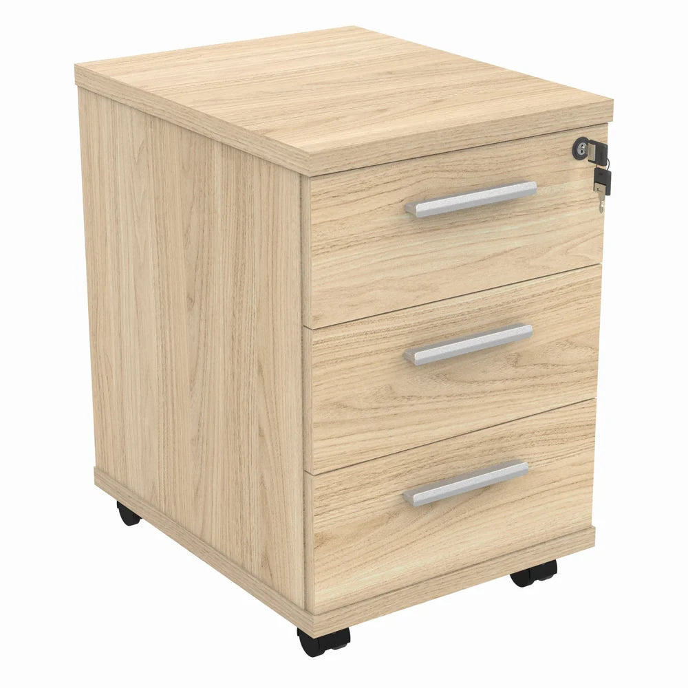 Wooden file cabinet with three drawers on wheels against a white background