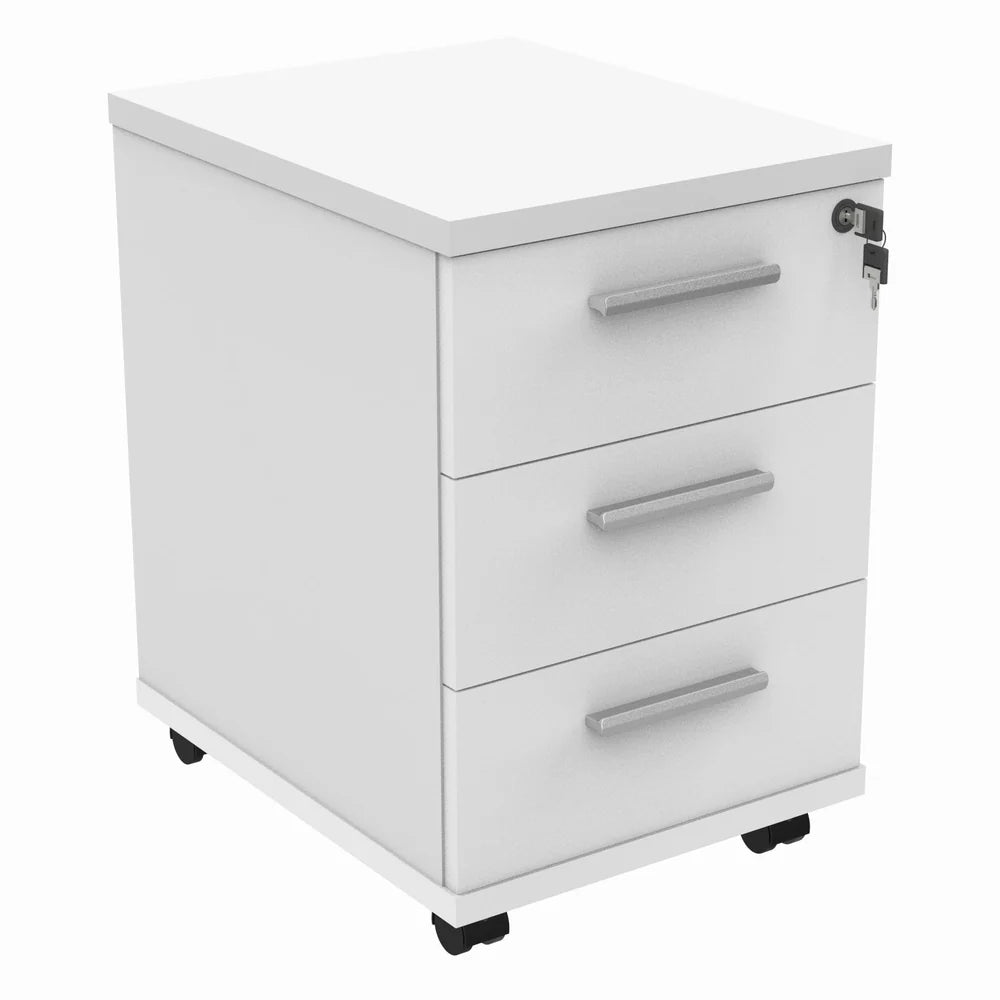 White three-drawer filing cabinet on wheels with metal handles against a white background