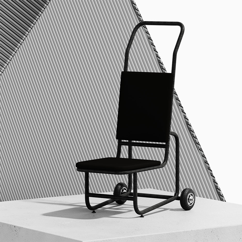 A modern black chair trolley with a high backrest and small wheels, shown on a white platform against a geometric grey background.