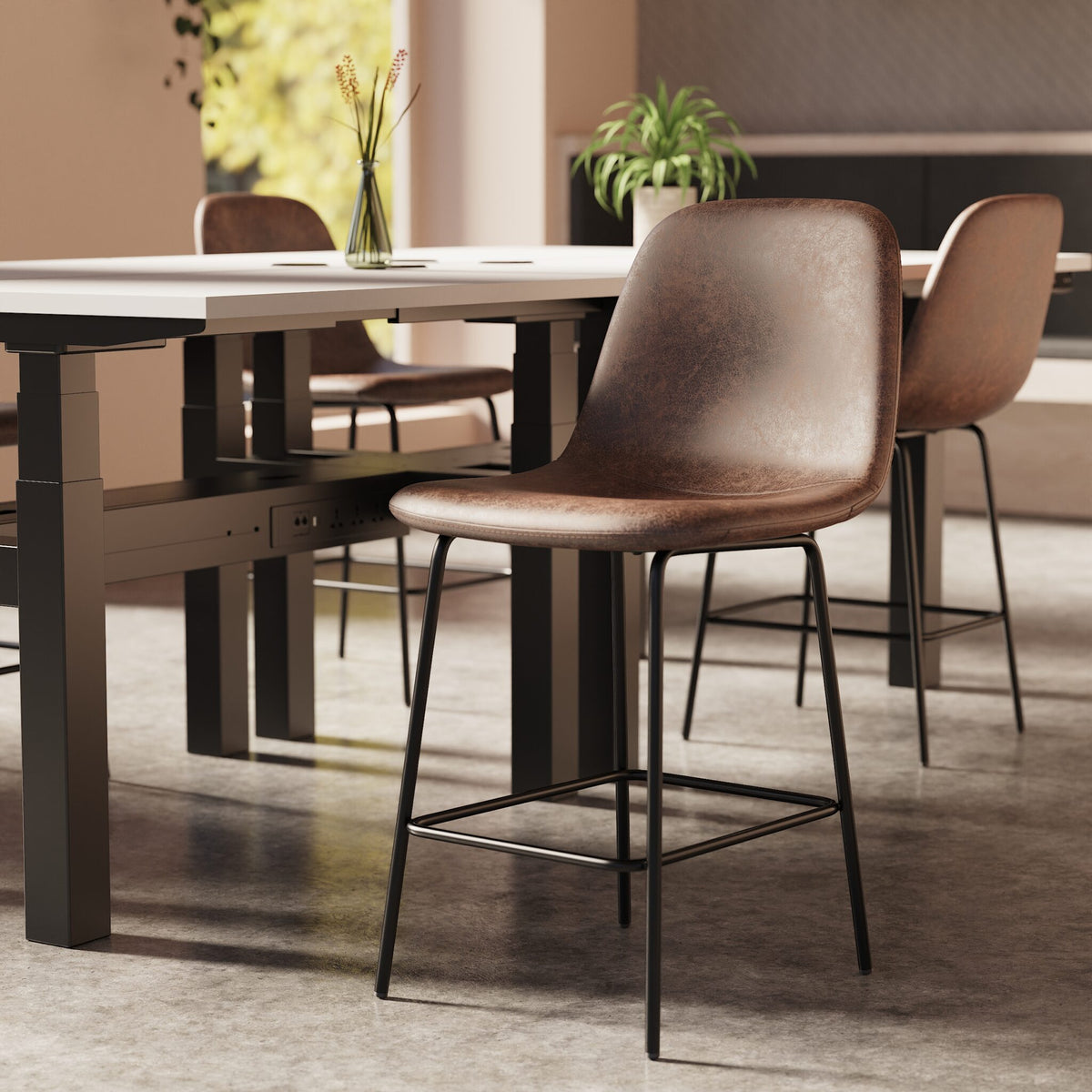 Dining table with brown chairs in a modern interior setting