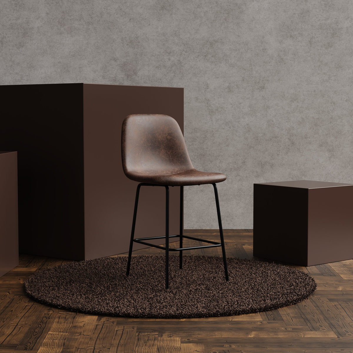 A brown leather bar stool with a black metal frame sits on a round shag rug in a styled interior scene with wood flooring, textured gray walls, and dark brown display blocks.
