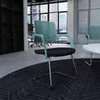 Green office chair with black seat and metal frame in an office setting