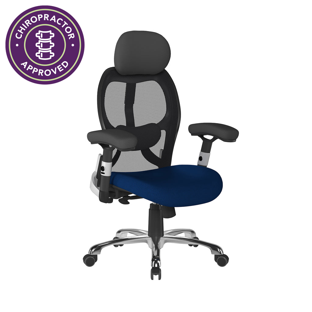 Ergonomic office chair with blue seat and black mesh back, featuring a Chiropractor Approved badge.