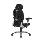 Black office chair with adjustable headrest and lumbar support on a white background