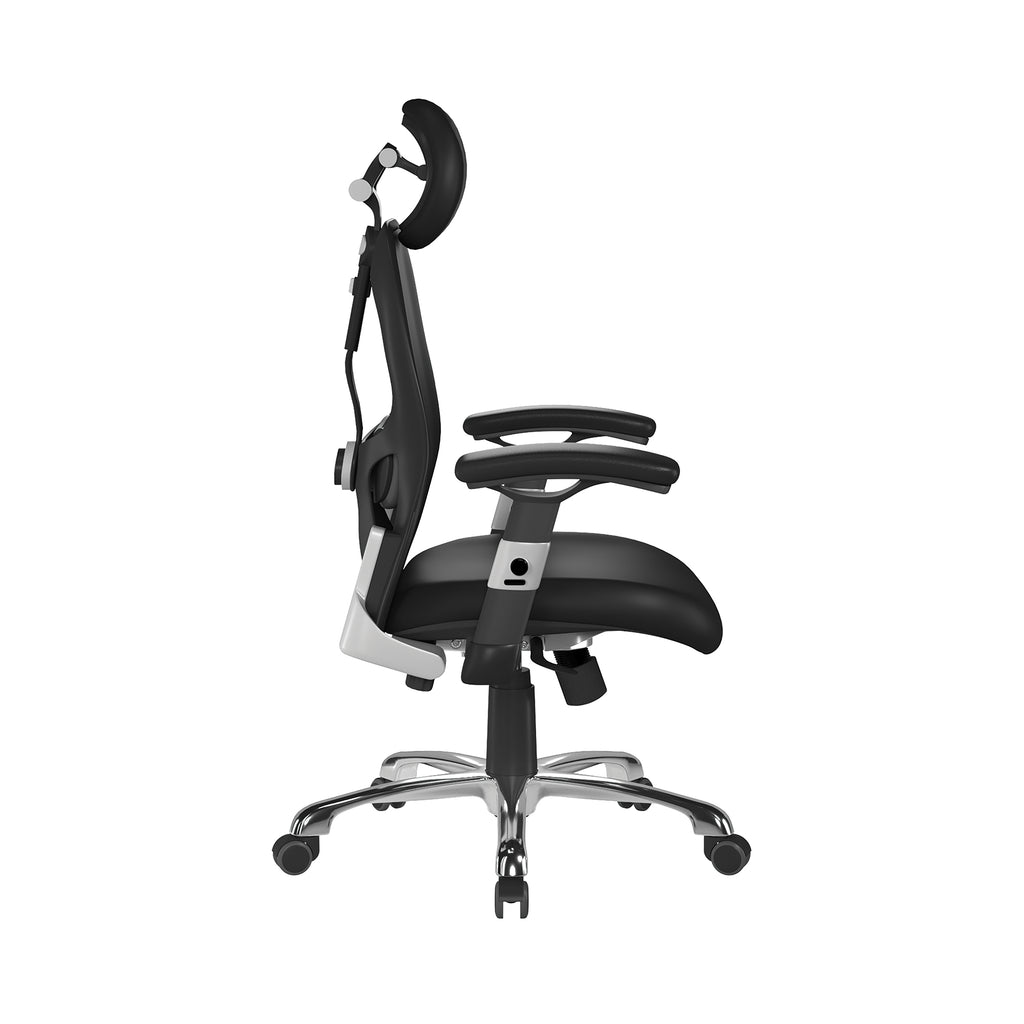 Black office chair with adjustable features on a white background