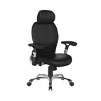 Black office chair with adjustable armrests and headrest on a white background