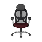 Black office chair with mesh back and dark red seat on a white background