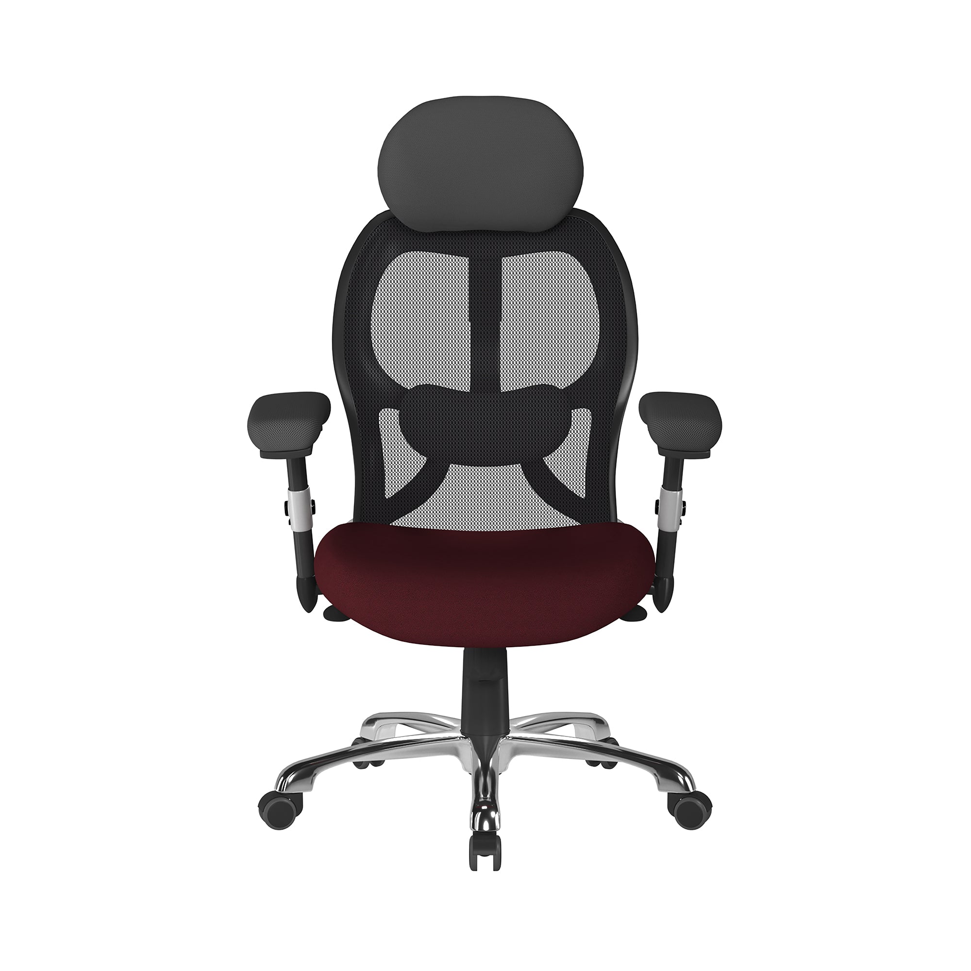 Black office chair with mesh back and dark red seat on a white background
