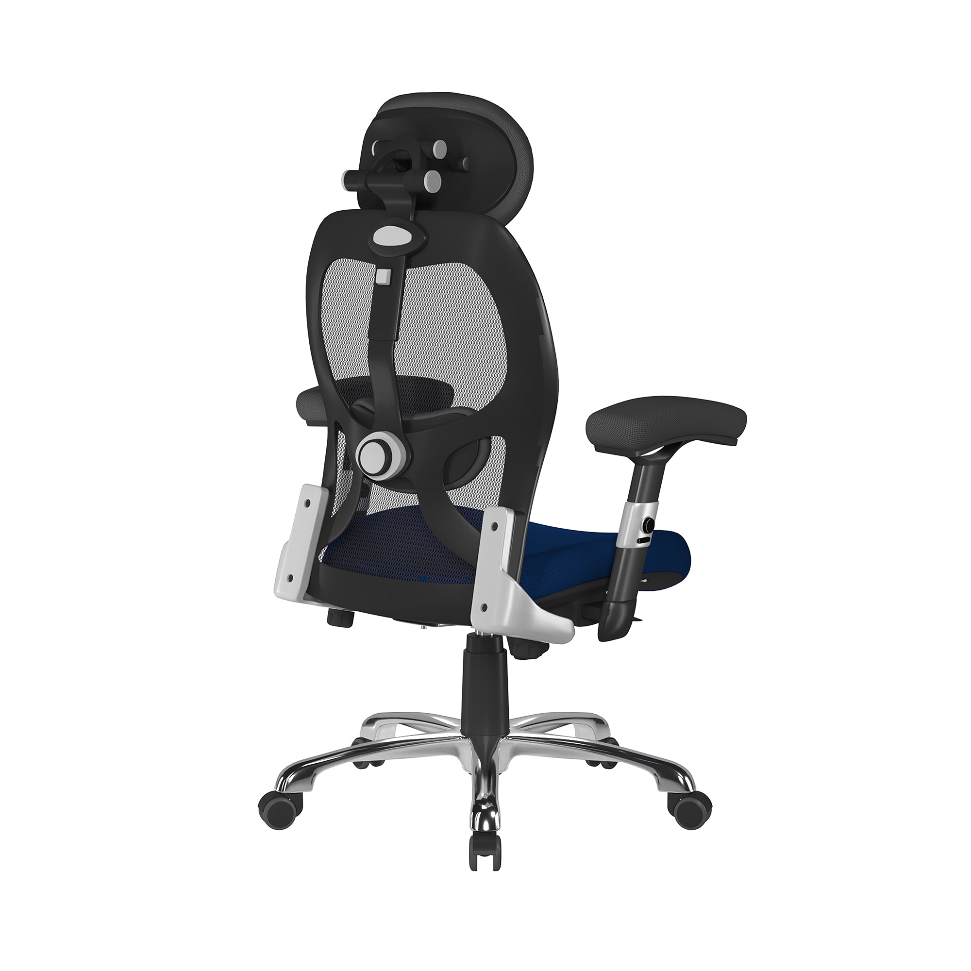 Ergonomic office chair with black mesh back and blue seat on a white background