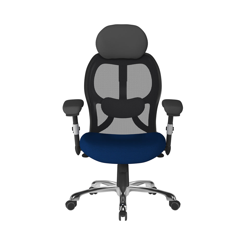 Ergonomic office chair with black mesh back and blue seat on a white background