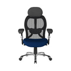 Ergonomic office chair with black mesh back and blue seat on a white background