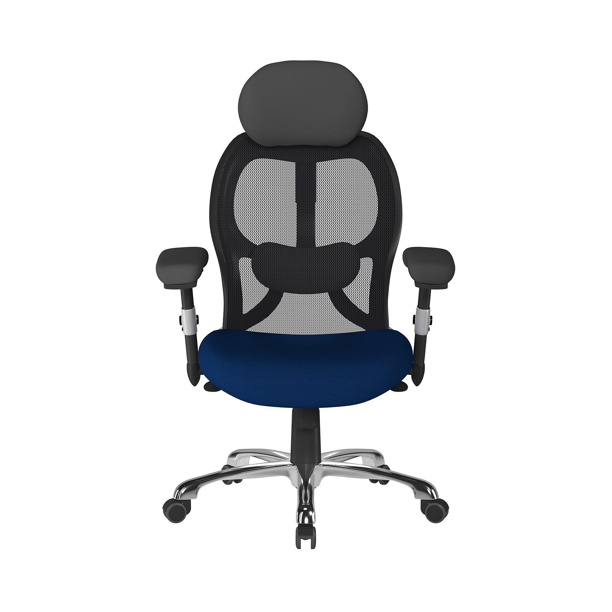 Ergonomic office chair with black mesh back and blue seat on a white background