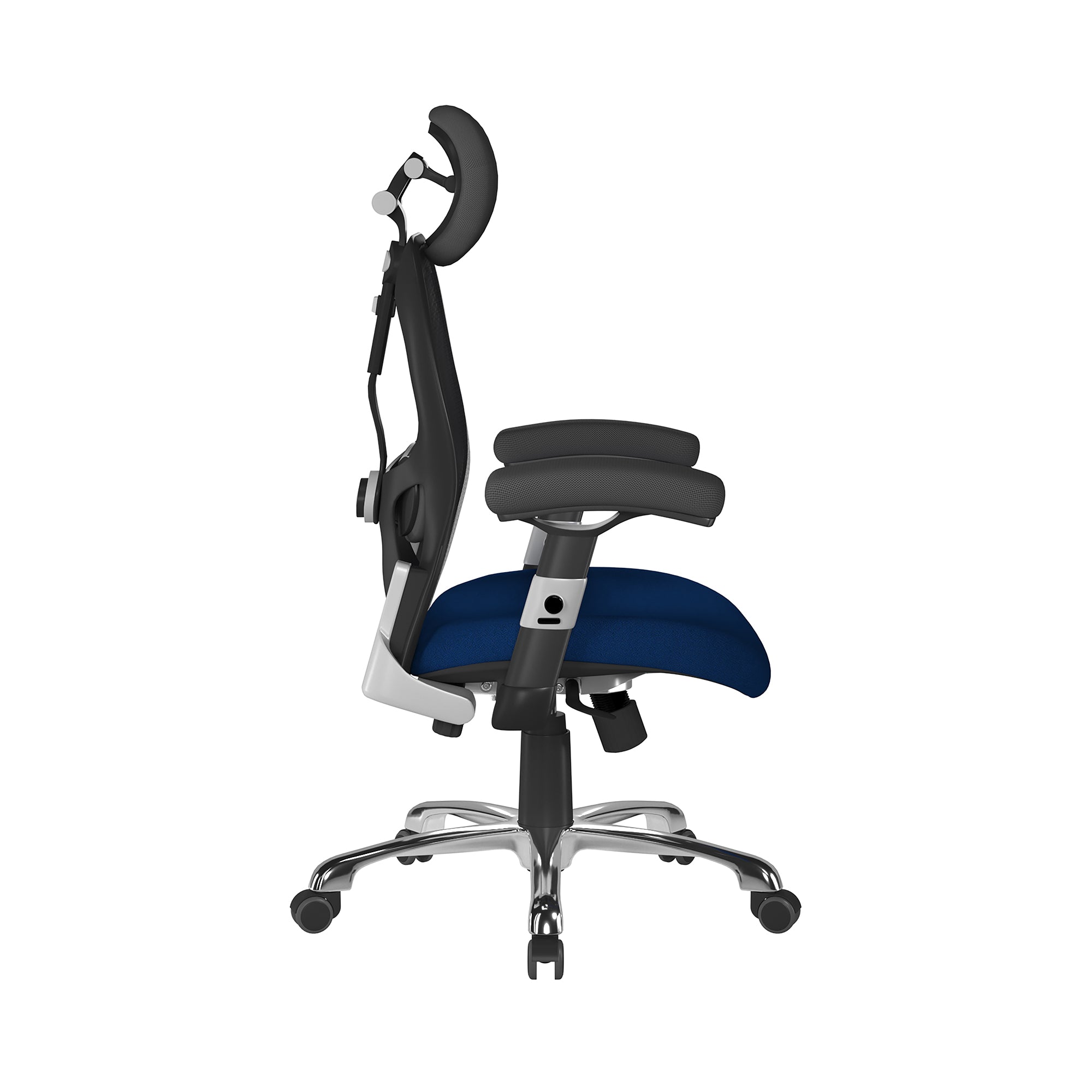 Ergonomic office chair with black mesh back and blue seat on a white background