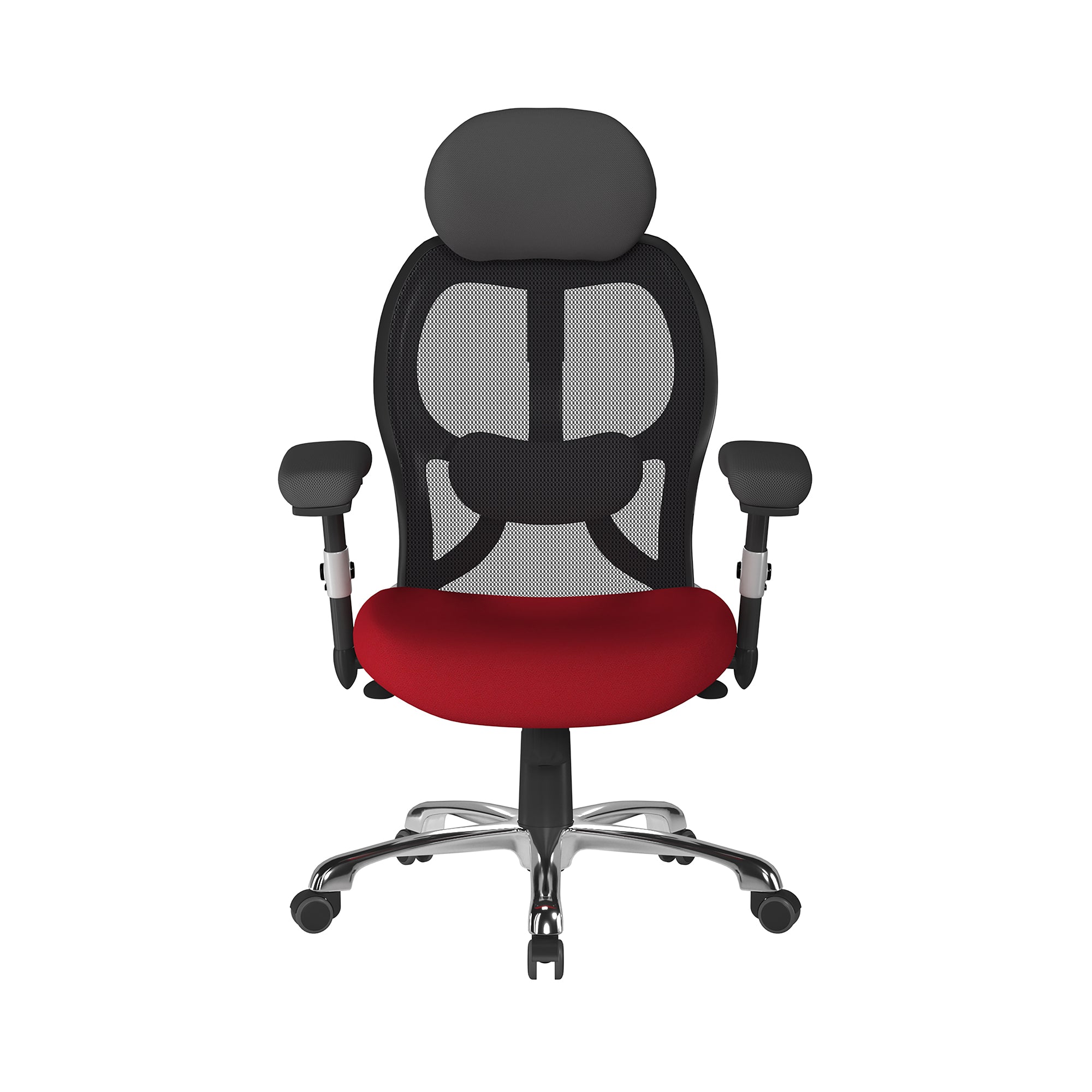 Black office chair with red seat on a white background