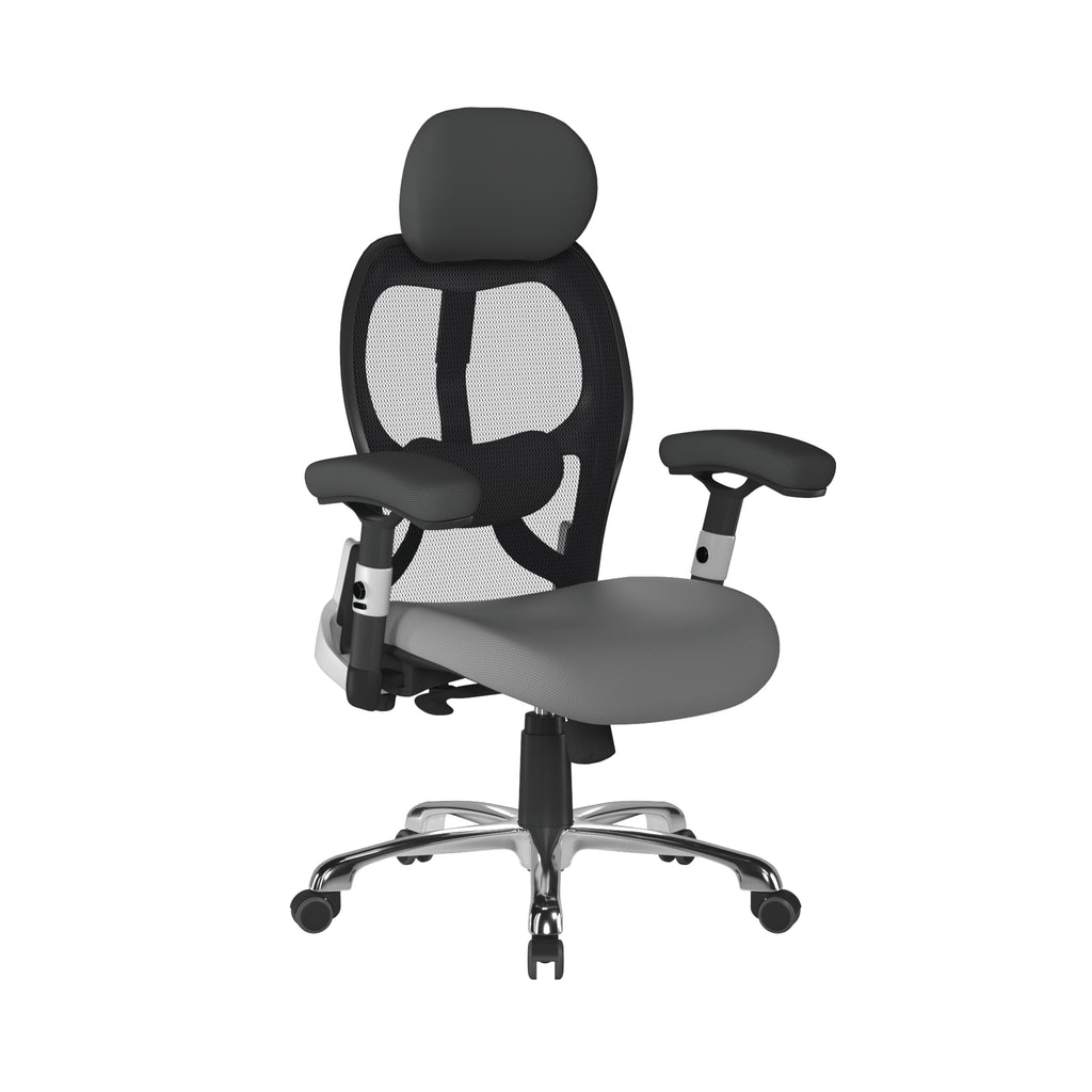 Grey and black ergonomic office chair with mesh back on a white background
