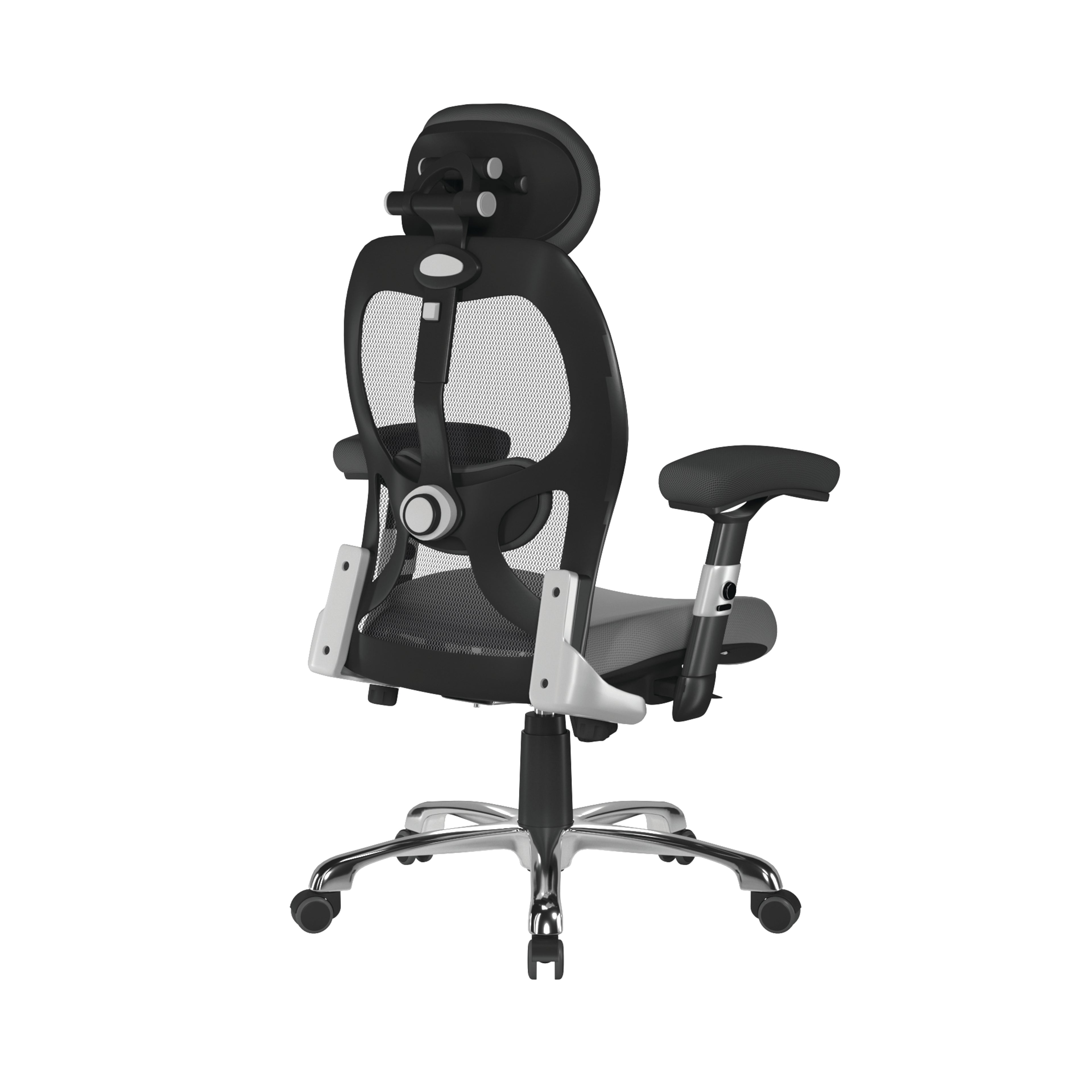 Grey and black ergonomic office chair with mesh back on a white background