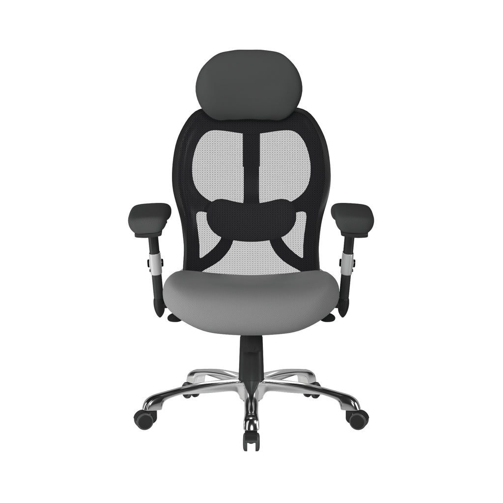 Grey and black ergonomic office chair with mesh back on a white background