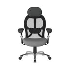 Grey and black ergonomic office chair with mesh back on a white background