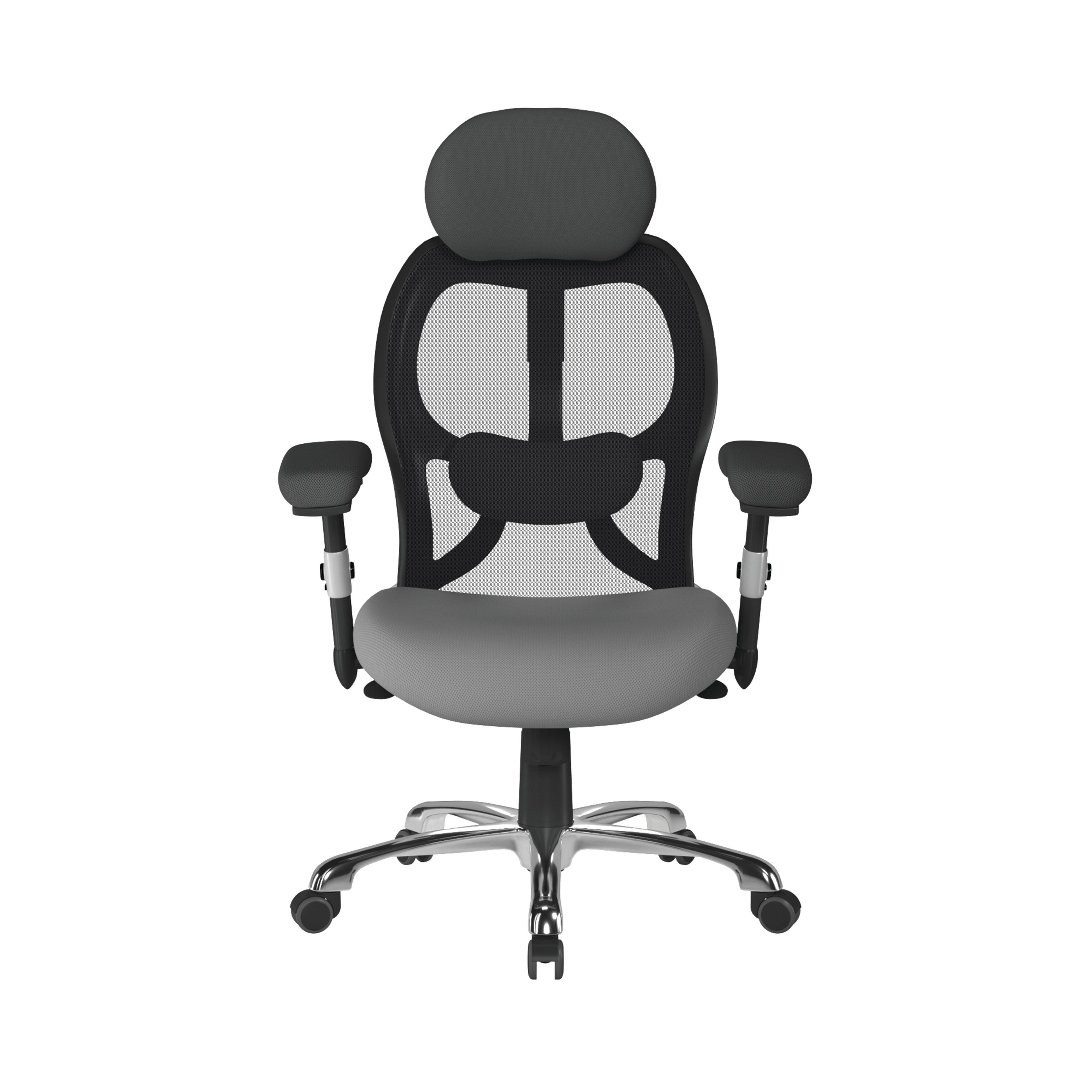 Grey and black ergonomic office chair with mesh back on a white background
