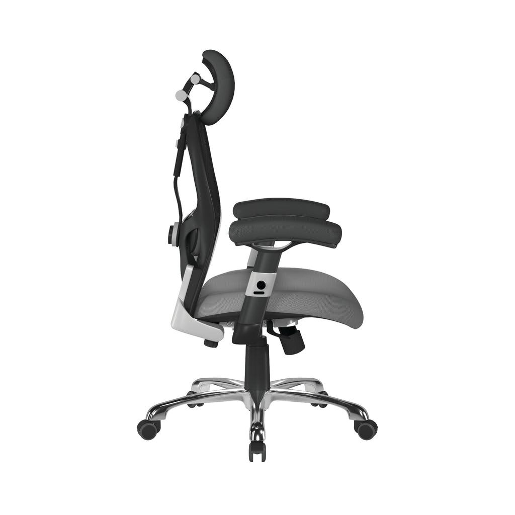 Grey and black ergonomic office chair with mesh back on a white background