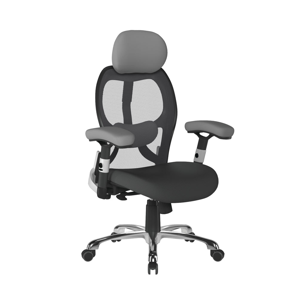 Grey and black ergonomic office chair with mesh back on a white background