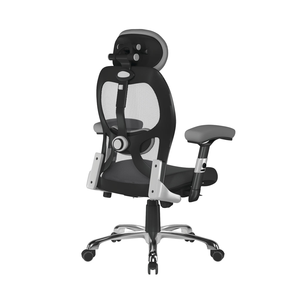 Grey and black ergonomic office chair with mesh back on a white background