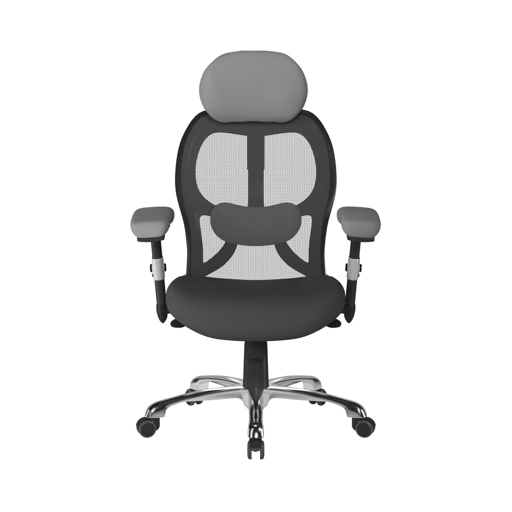 Grey and black ergonomic office chair with mesh back on a white background