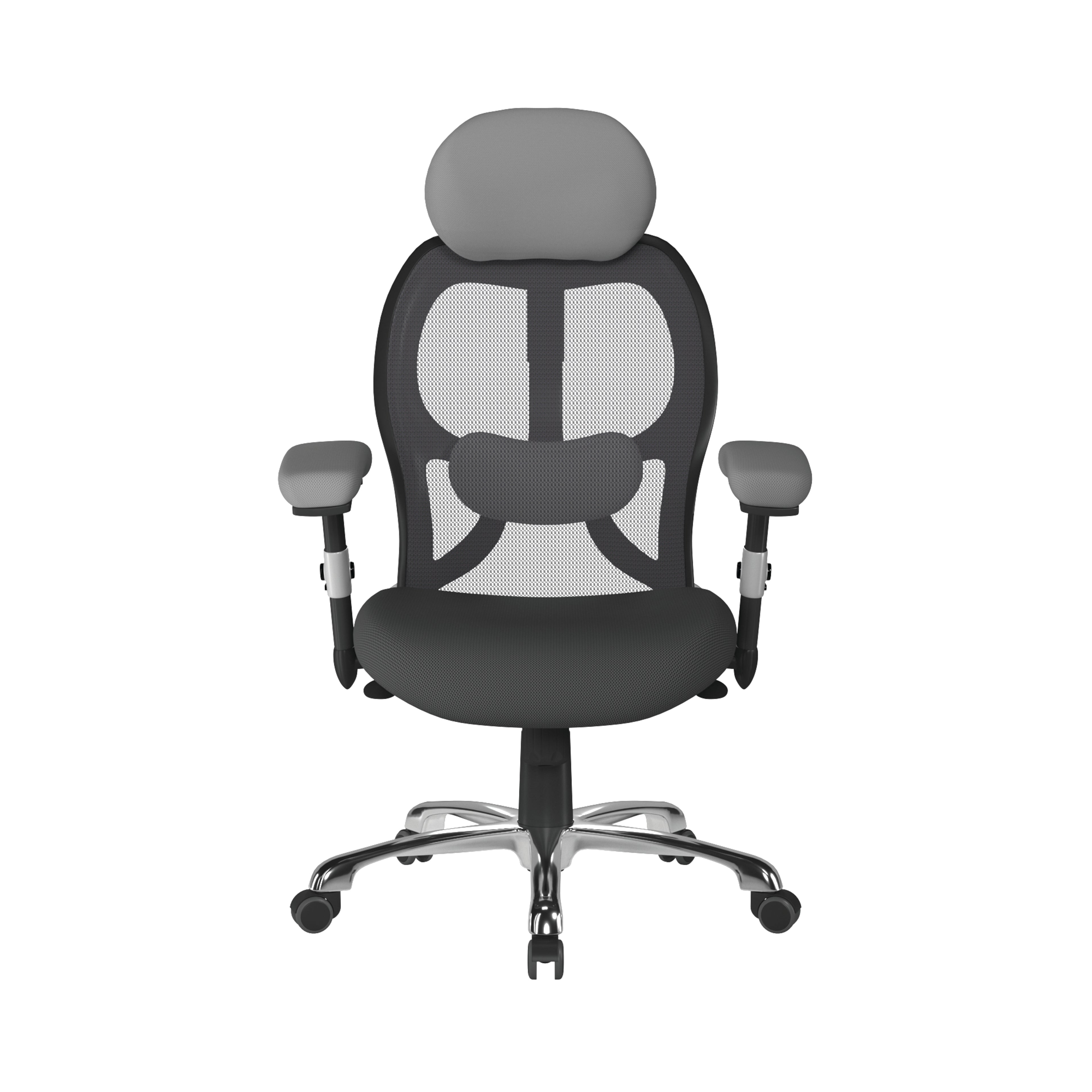 Grey and black ergonomic office chair with mesh back on a white background